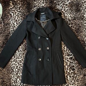 Nautica Women's Black Double-Breasted Wool-Blend Peacoat with Detachable Hood